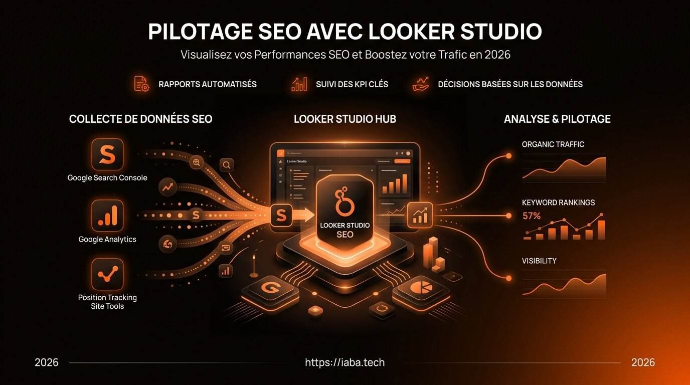 Looker Studio SEO : Créer un Dashboard Data et GEO 2 Infographie processus 5 étapes dashboard SEO Looker Studio GSC GA4