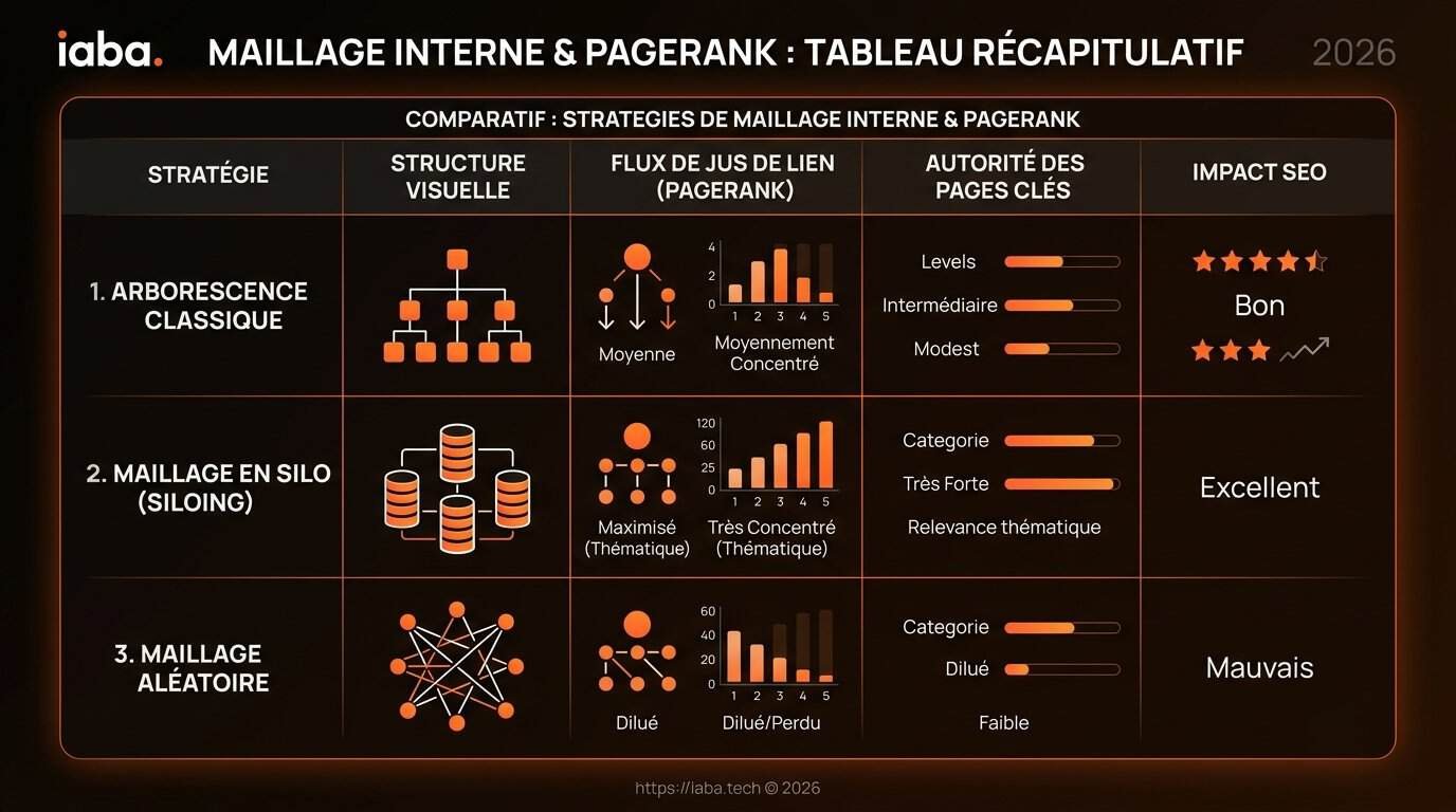 PageRank interne : piloter le graphe de liens de votre site 4 Comparatif des méthodes d'optimisation du maillage interne PageRank en silo vs flat