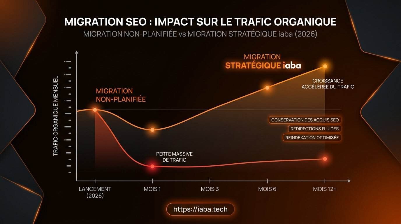 Graphique de comparaison du trafic organique avant et après une migration SEO sur 6 mois