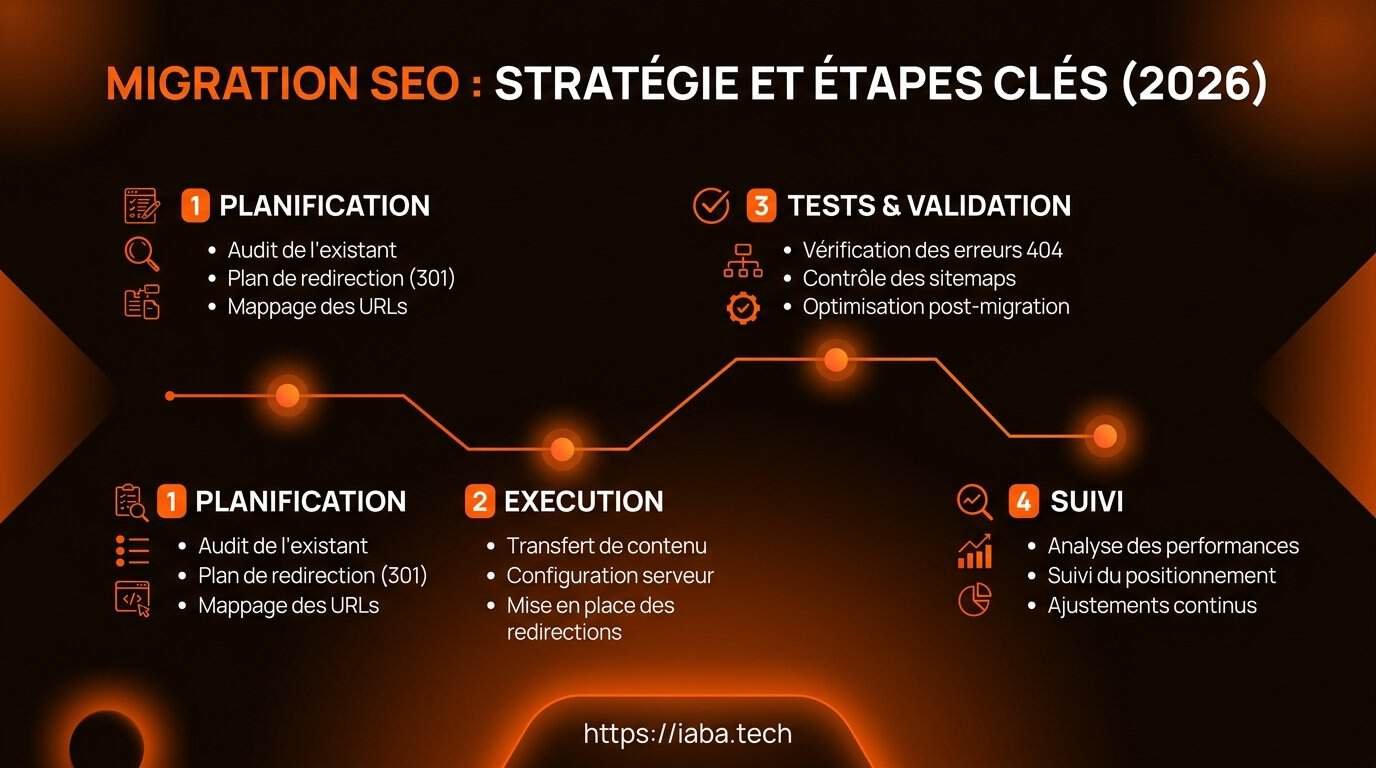 Infographie : processus complet d'une migration SEO en 2026 avec audit, mapping, redirections 301 et monitoring