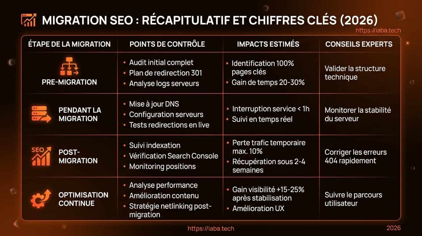 Tableau comparatif des méthodes de migration SEO avec phases, outils et indicateurs de performance