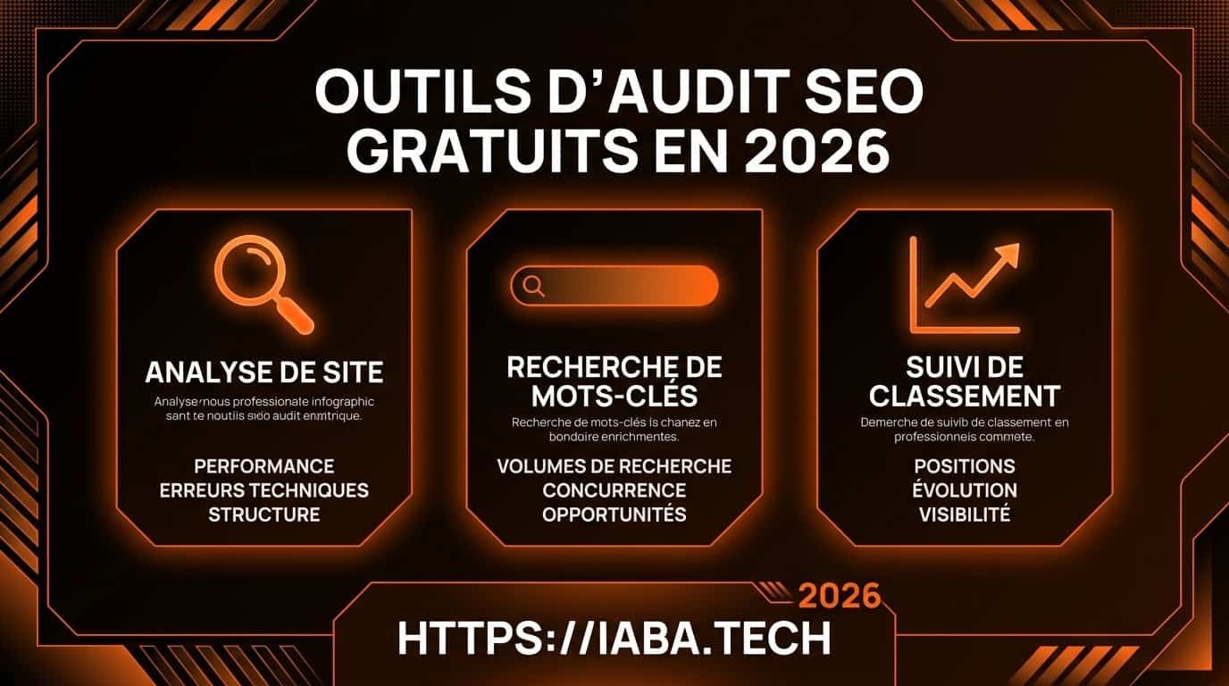 Infographie classant les outils d'audit SEO gratuits par fonctionnalités clés