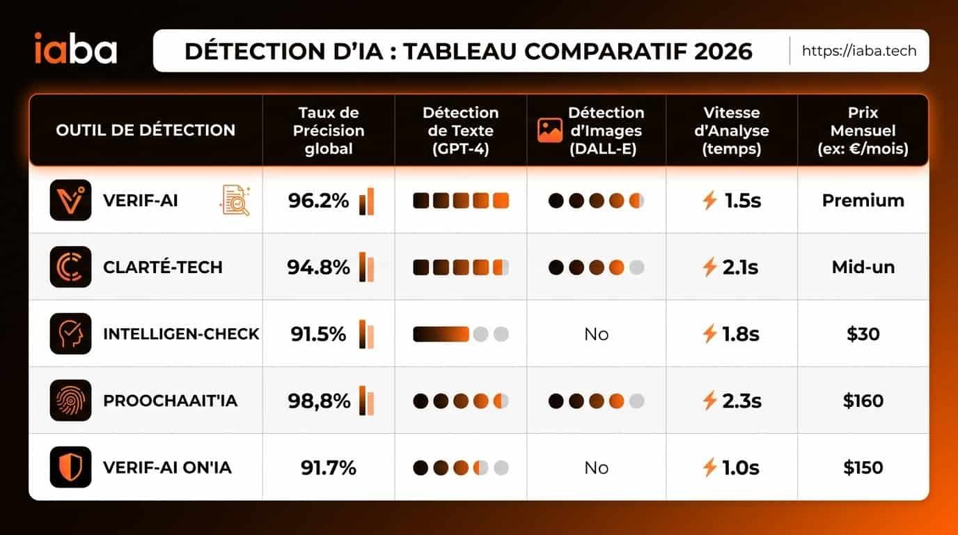 Tableau comparatif des outils de détection IA classés par précision, faux positifs et intégration API