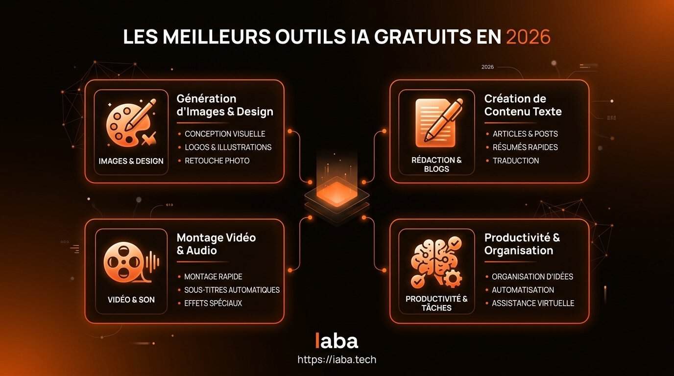 Infographie comparatif structuré des meilleurs outils IA gratuits en 2026