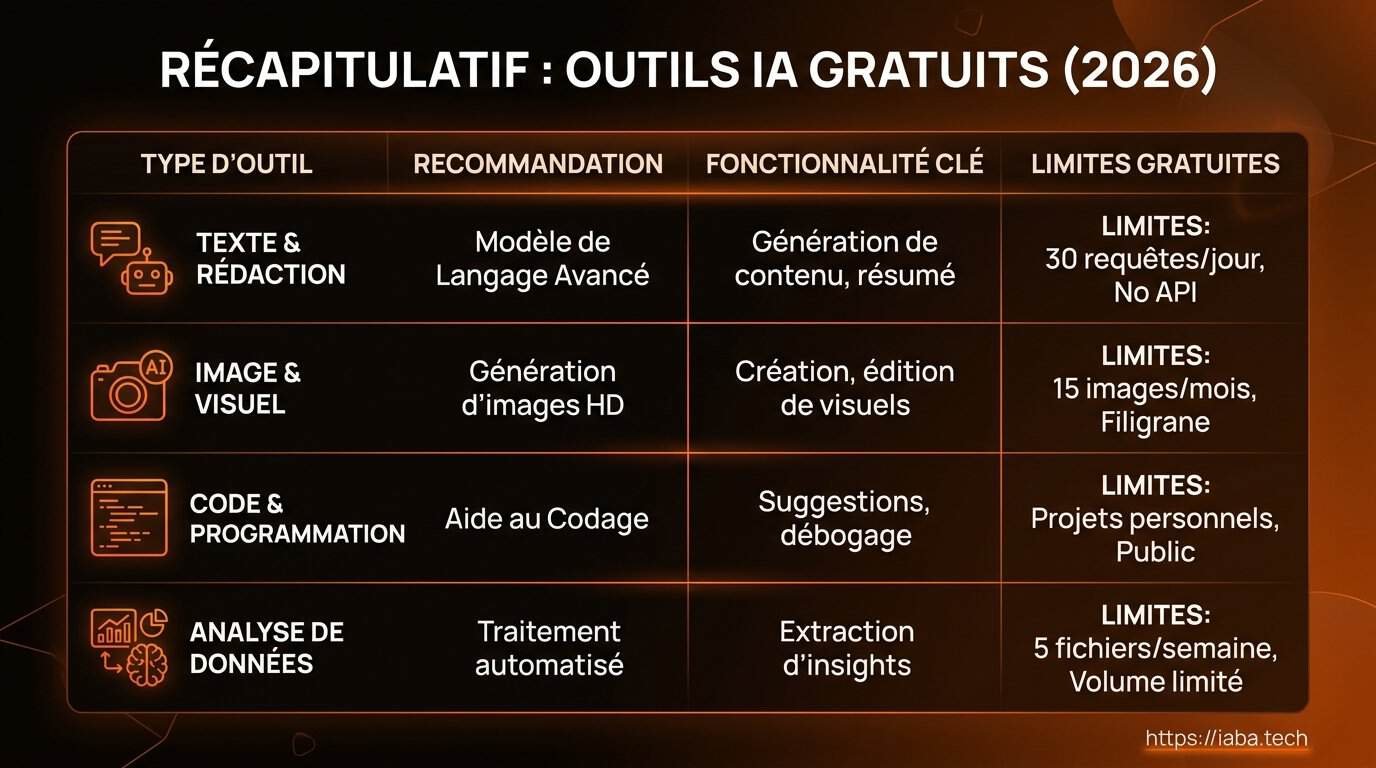 Comparatif structuré des outils IA gratuits en 2026 avec modèles LLM et limites de jetons