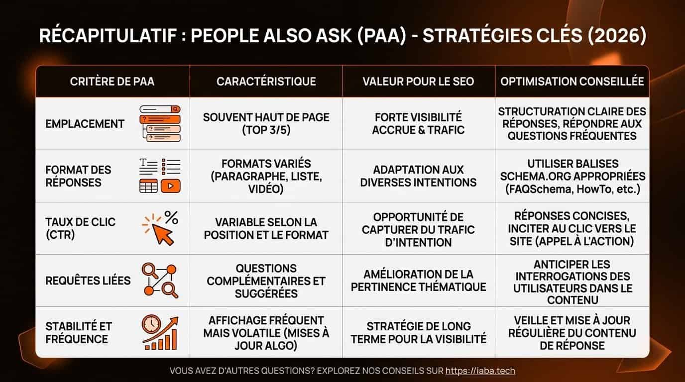 Tableau comparatif des tactiques SEO pour People Also Ask en 2026
