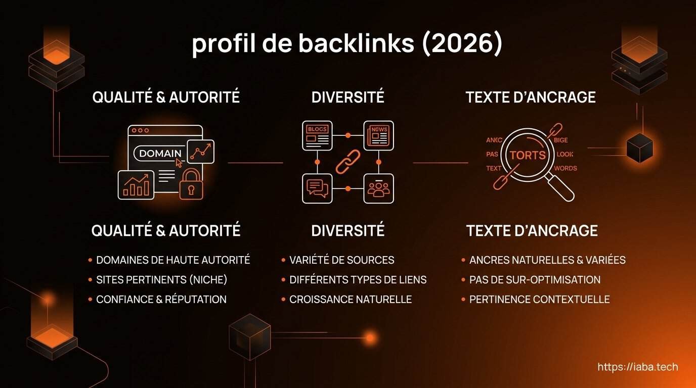 Audit du profil de backlinks : analyse, graphe et qualité 2 Schéma explicatif du profil de backlinks, répartition des domaines référents et diversité des ancres de liens