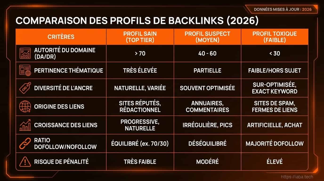 Audit du profil de backlinks : analyse, graphe et qualité 4 Analyse comparative des indicateurs de profil de backlinks Trust Flow Domain Rating Follow Nofollow