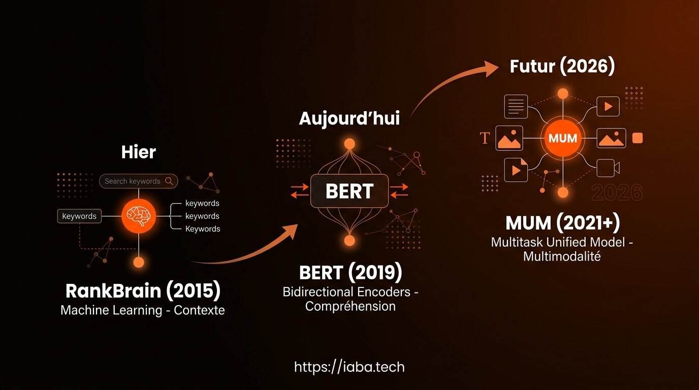 Graphique de l'évolution des capacités NLP de RankBrain à MUM depuis 2015