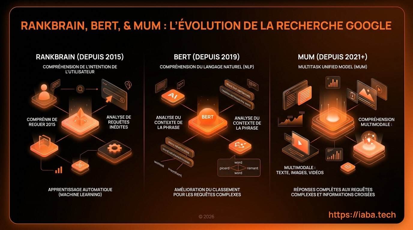 Infographie chronologique : de RankBrain à BERT et MUM