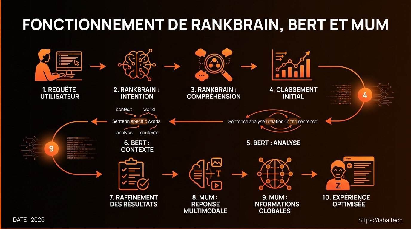 Schéma de processus : optimisation SEO pour RankBrain BERT MUM en 2026
