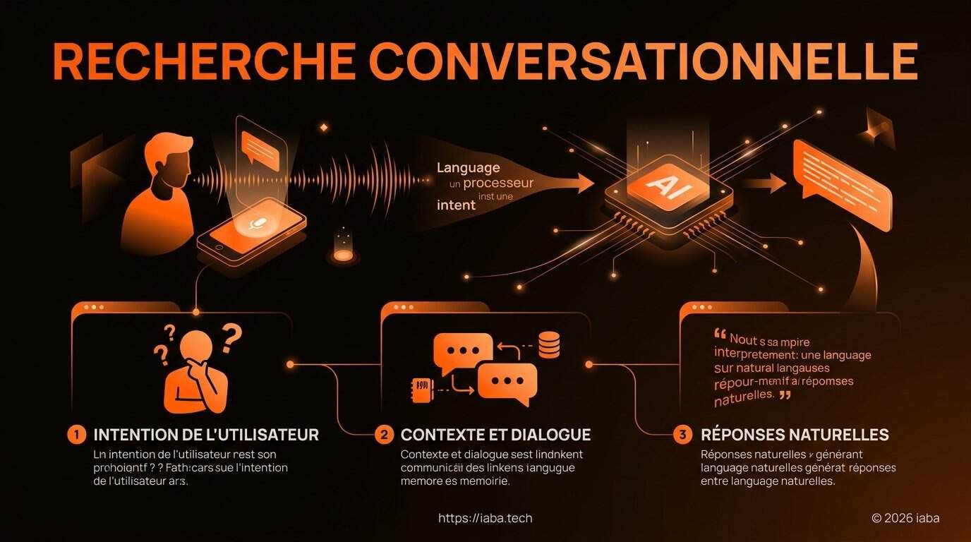 Infographie : schéma explicatif du processus de recherche conversationnelle et de la transformation d'une requête en langage naturel via LLM