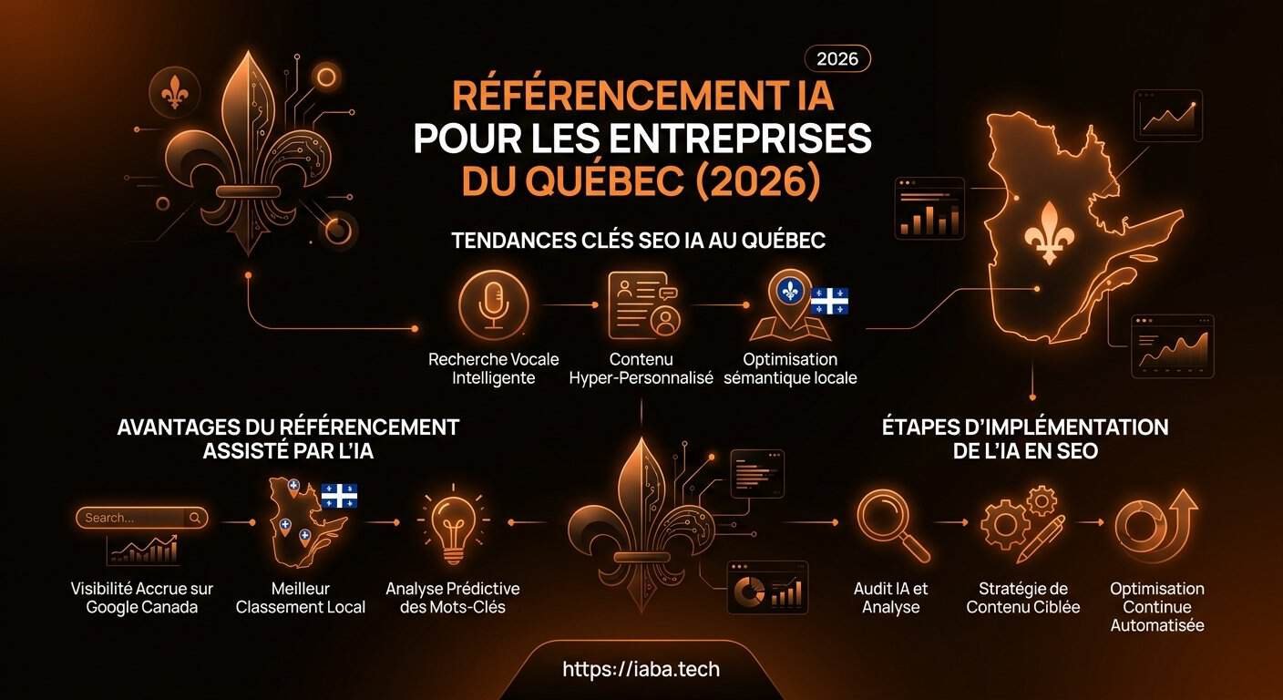 Schéma étape par étape montrant l'intégration de l'IA dans la stratégie SEO pour les entreprises québécoises