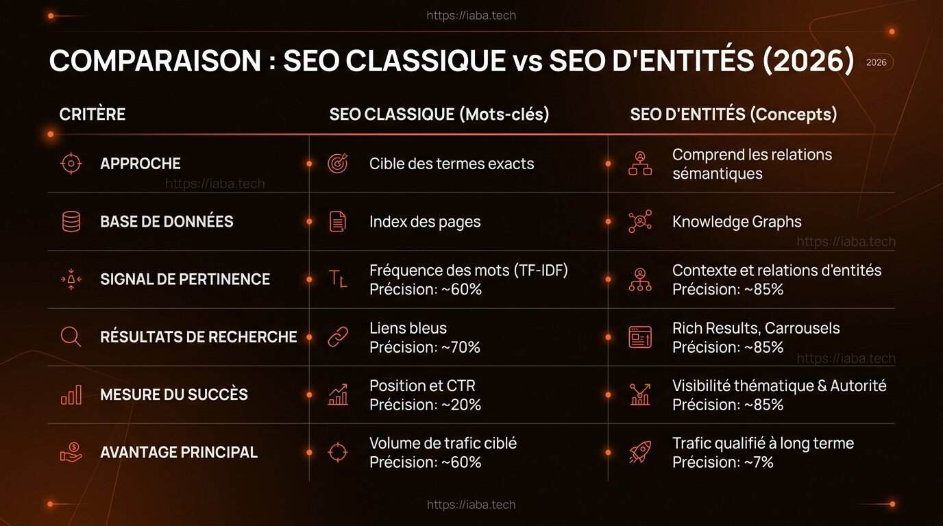 Comparaison des piliers du SEO d'entités : Knowledge Graph, Schema.org, autorité thématique