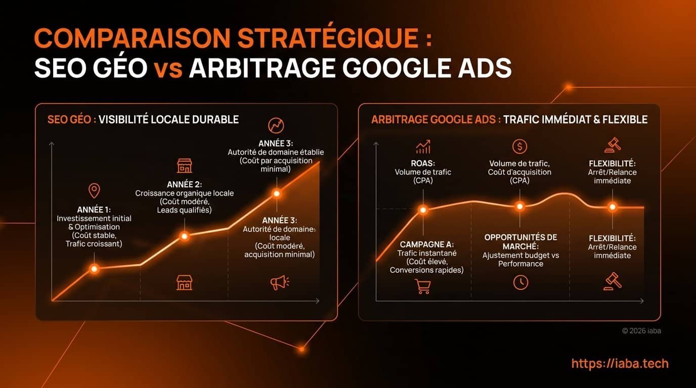 Graphique de comparaison du ROI entre SEO GEO et Google Ads dans le temps