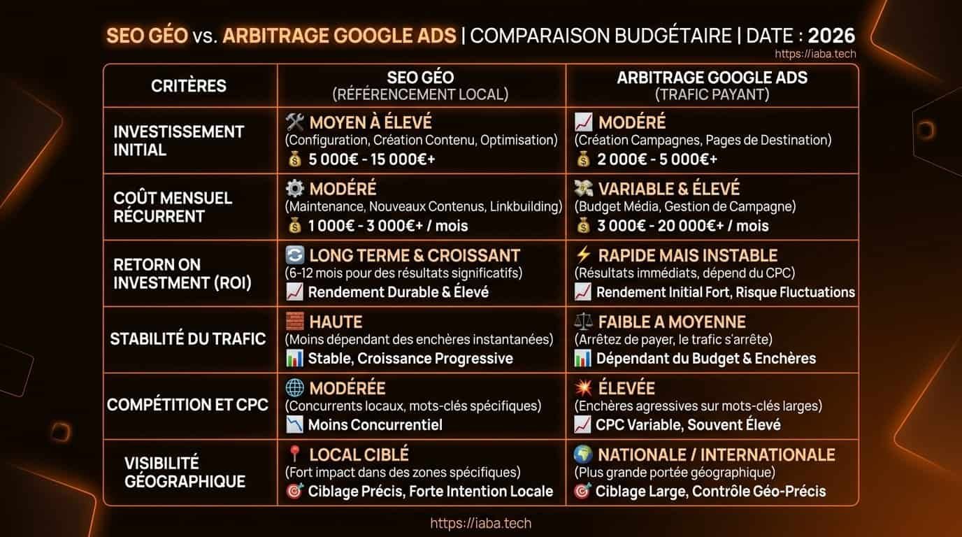Tableau comparatif SEO GEO et Google Ads : horizon, CPA, pérennité et contrôle du trafic
