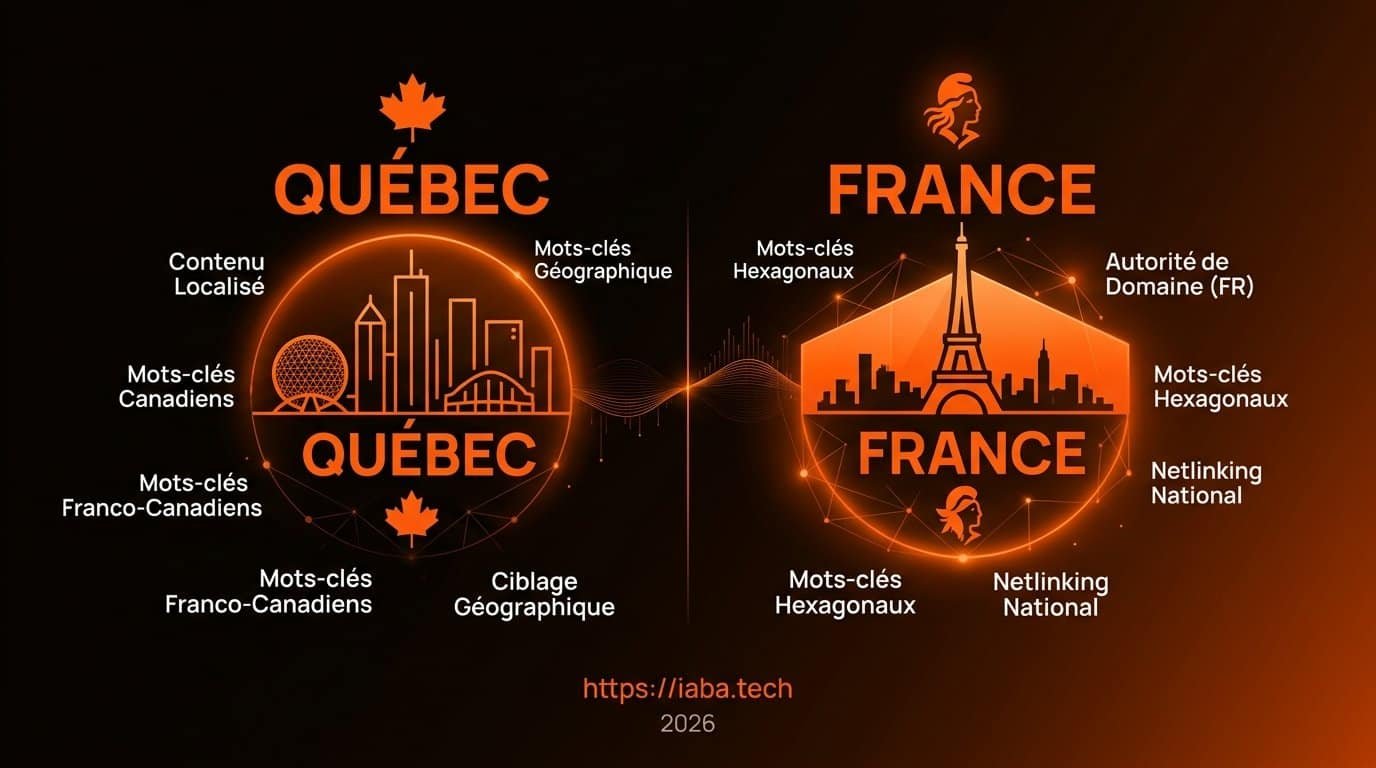 Comparaison des stratégies SEO entre le Québec et la France avec icônes de drapeaux