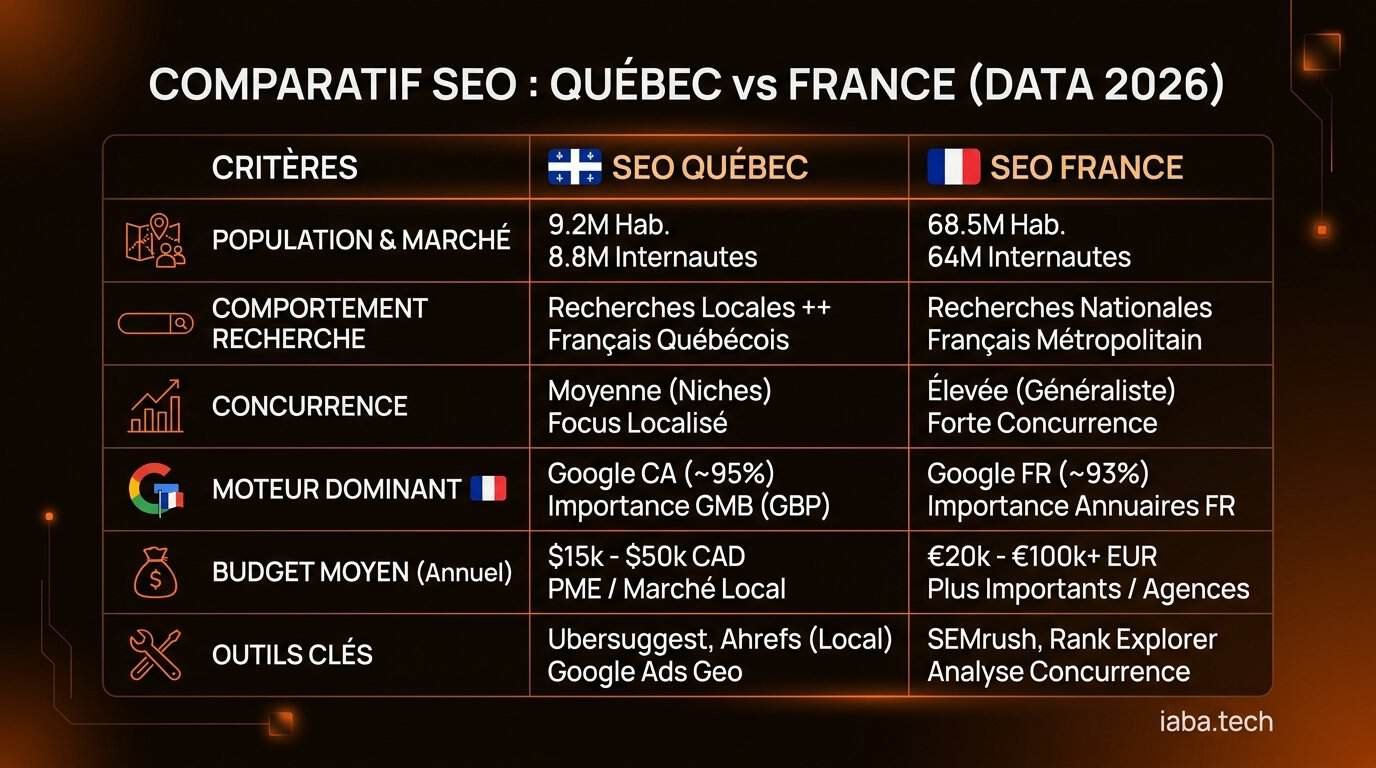 Tableau comparatif SEO Québec vs France 2026