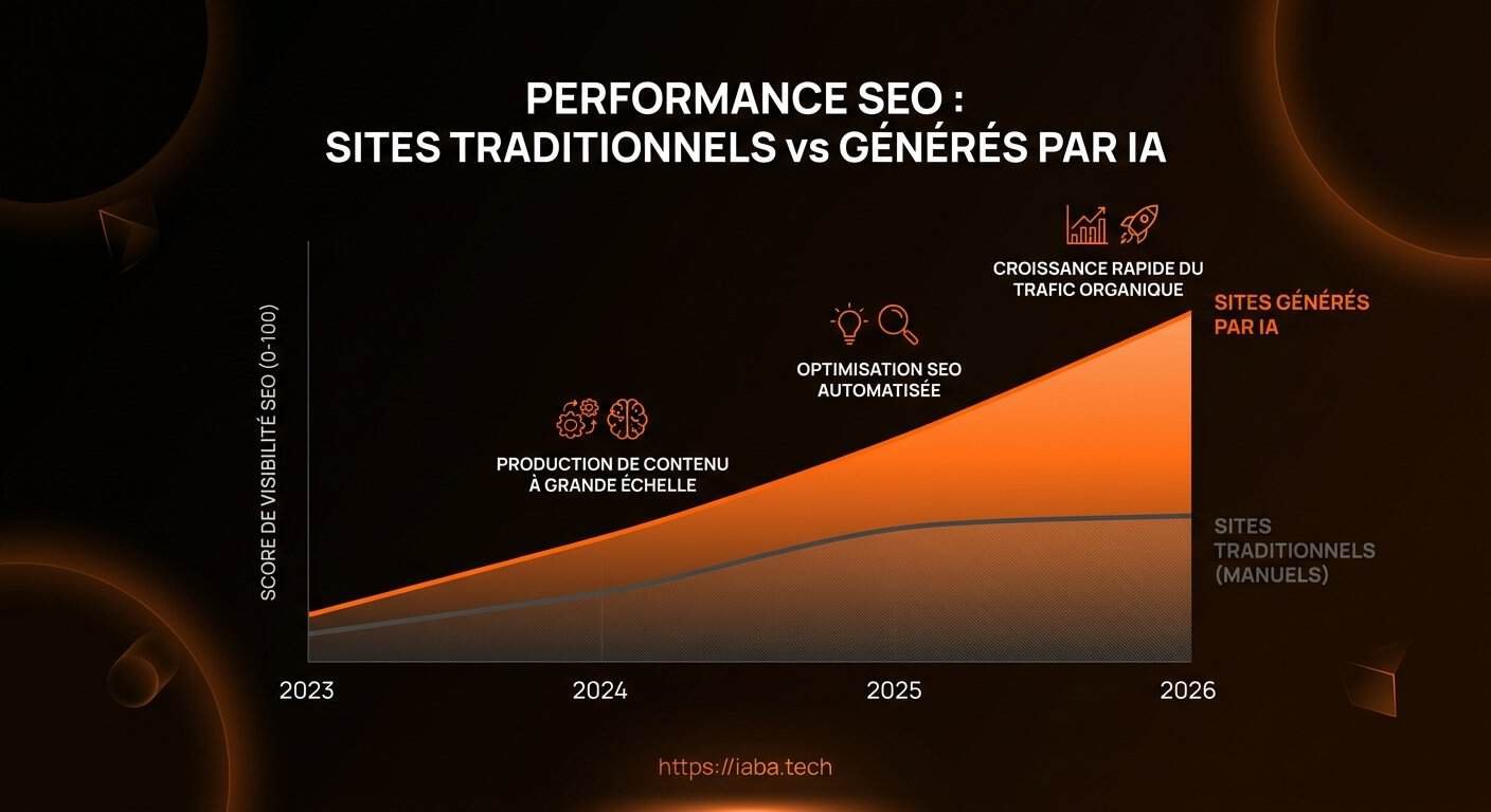 Site généré par IA et référencement : est-il visible ? 3 Graphique : croissance du trafic organique entre sites IA optimisés et non optimisés sur 24 mois