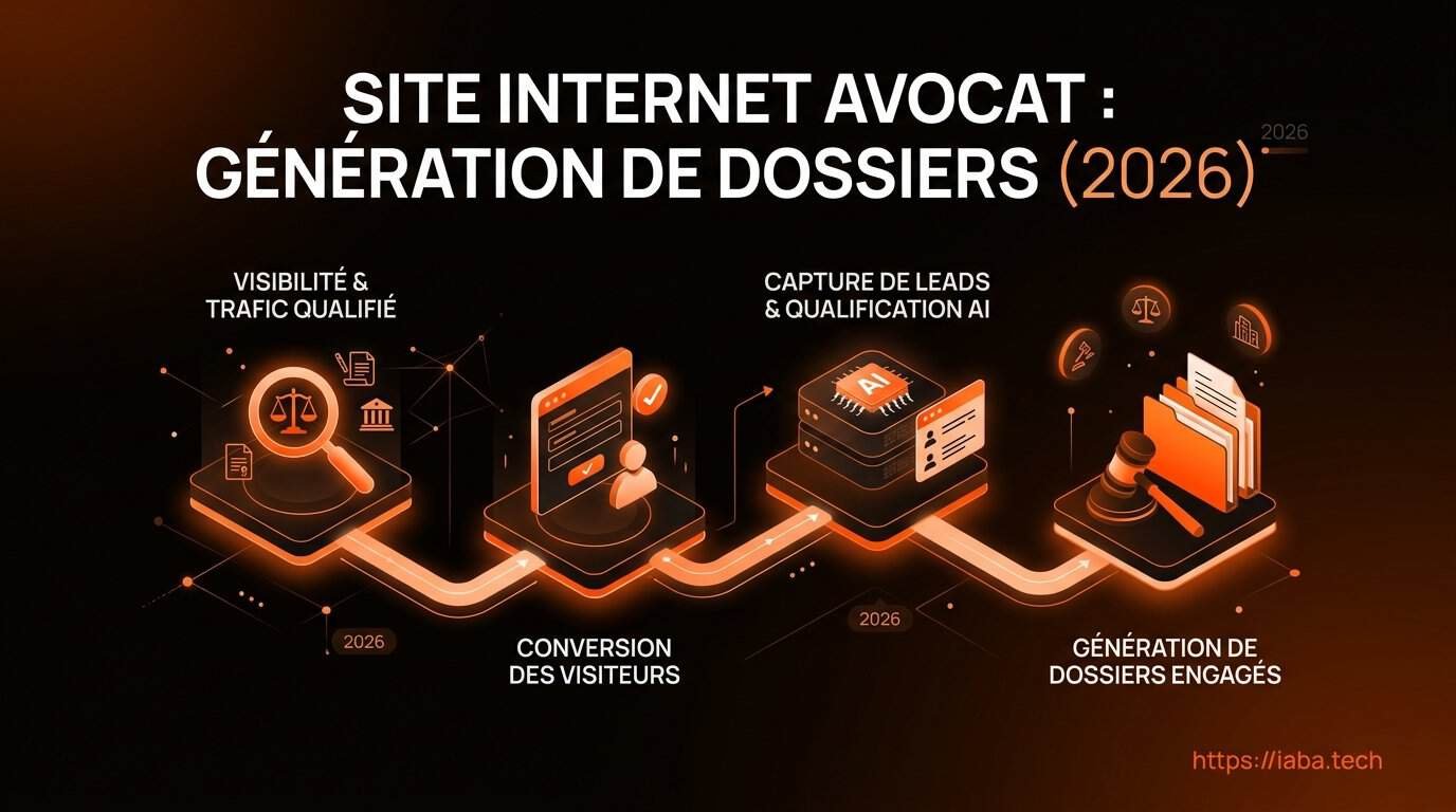 Site internet avocat : le transformer en machine à dossiers 2 Schéma processus en 5 étapes pour transformer un site internet d'avocat en outil de génération de dossiers