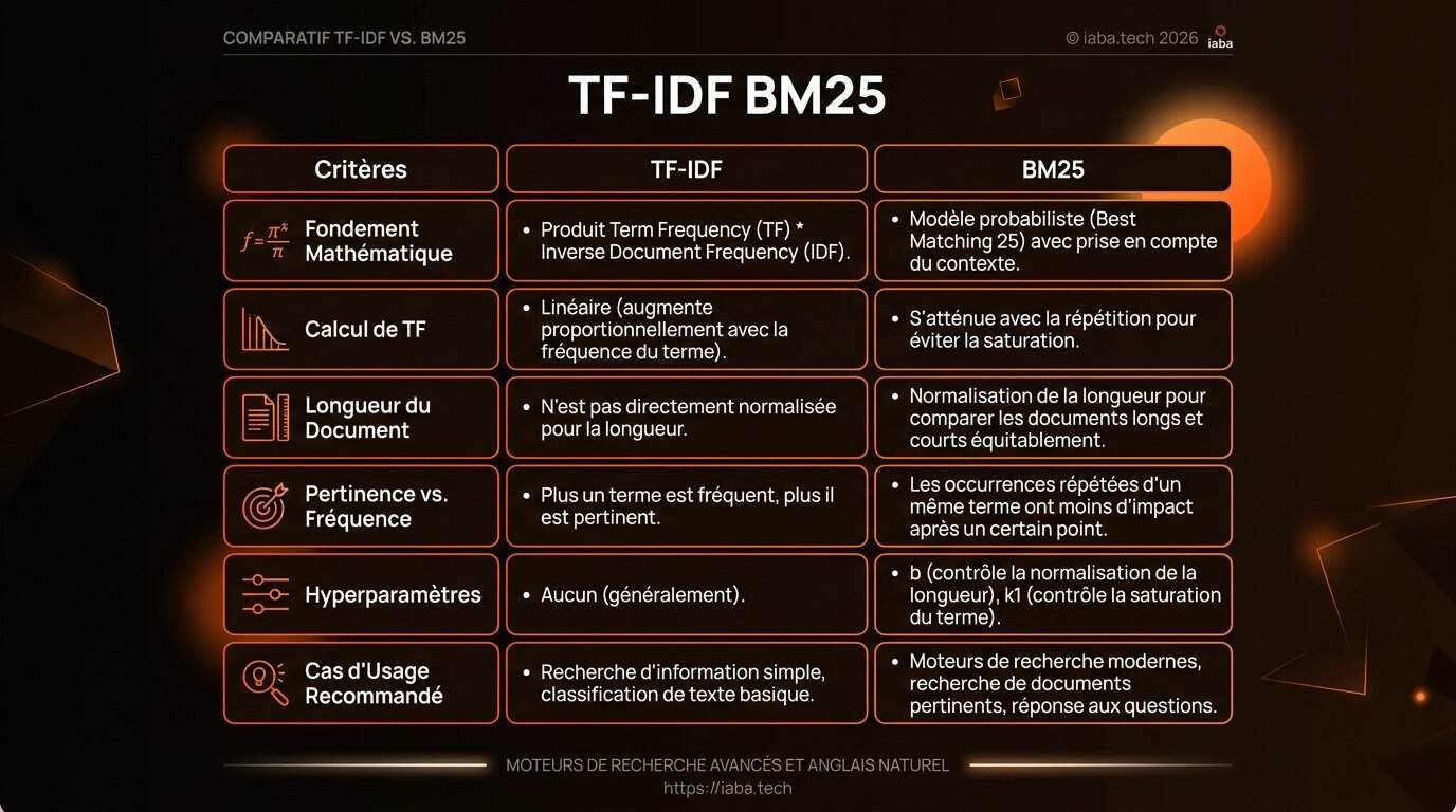 TF-IDF et BM25 : Comprendre le Scoring SEO de Google 4 Tableau comparatif TF-IDF et BM25 : pondération, saturation, normalisation