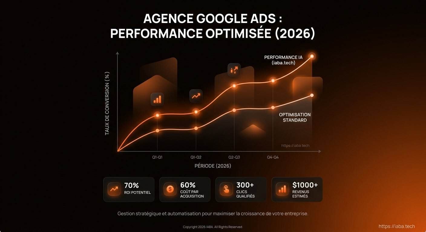 Graphique comparatif du ROAS entre gestion interne et agence Google Ads sur 12 mois