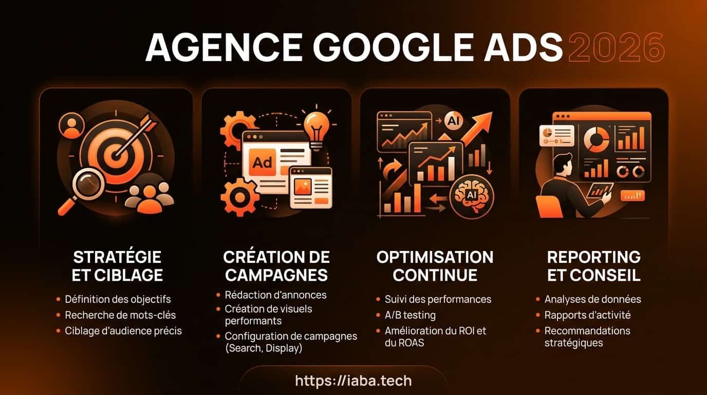 Schéma des 5 étapes clés d'une agence Google Ads : audit, structuration, tracking, optimisation, arbitrage