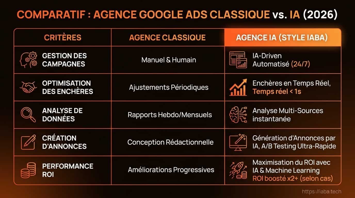 Tableau comparatif des services d'une agence Google Ads : ROI, coût de gestion, KPIs de conversion