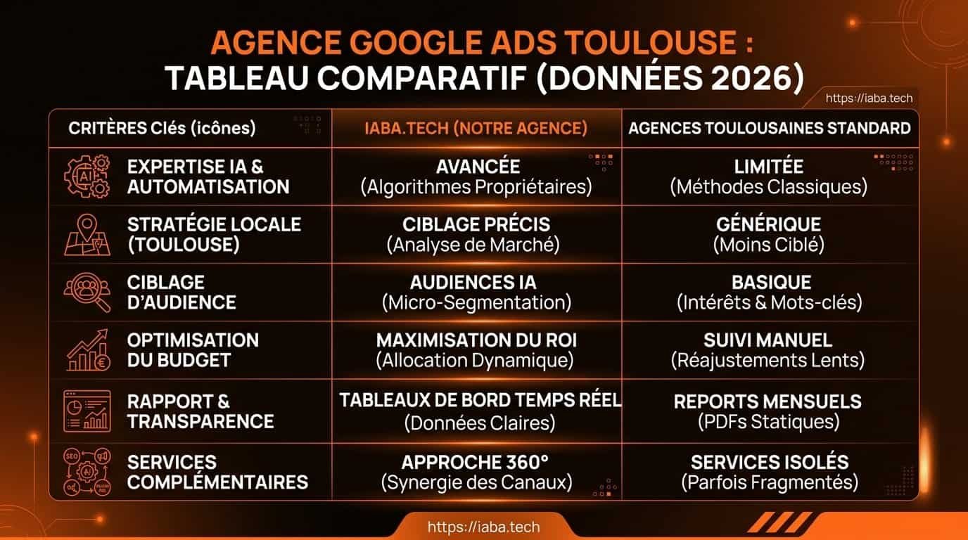 Agence Google Ads Toulouse : Audit SEA et Rentabilité PME 4 Comparatif des critères de choix d'une agence Google Ads à Toulouse en 2026