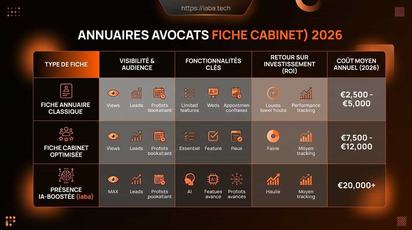 Tableau comparatif des fonctionnalités clés des annuaires d'avocats en 2026