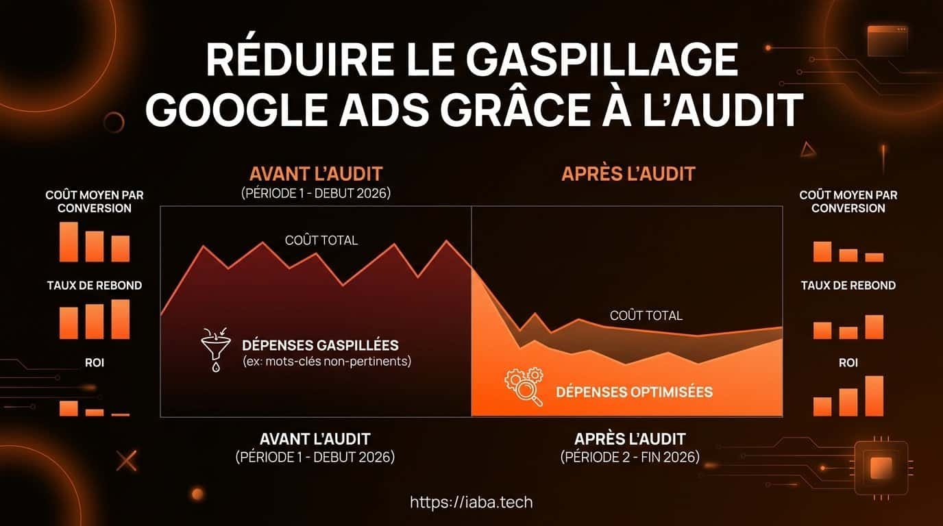 Audit Google Ads : les 12 gaspillages qui vident votre budget 3 Graphique de comparaison des dépenses Google Ads avant et après audit anti-gaspillage