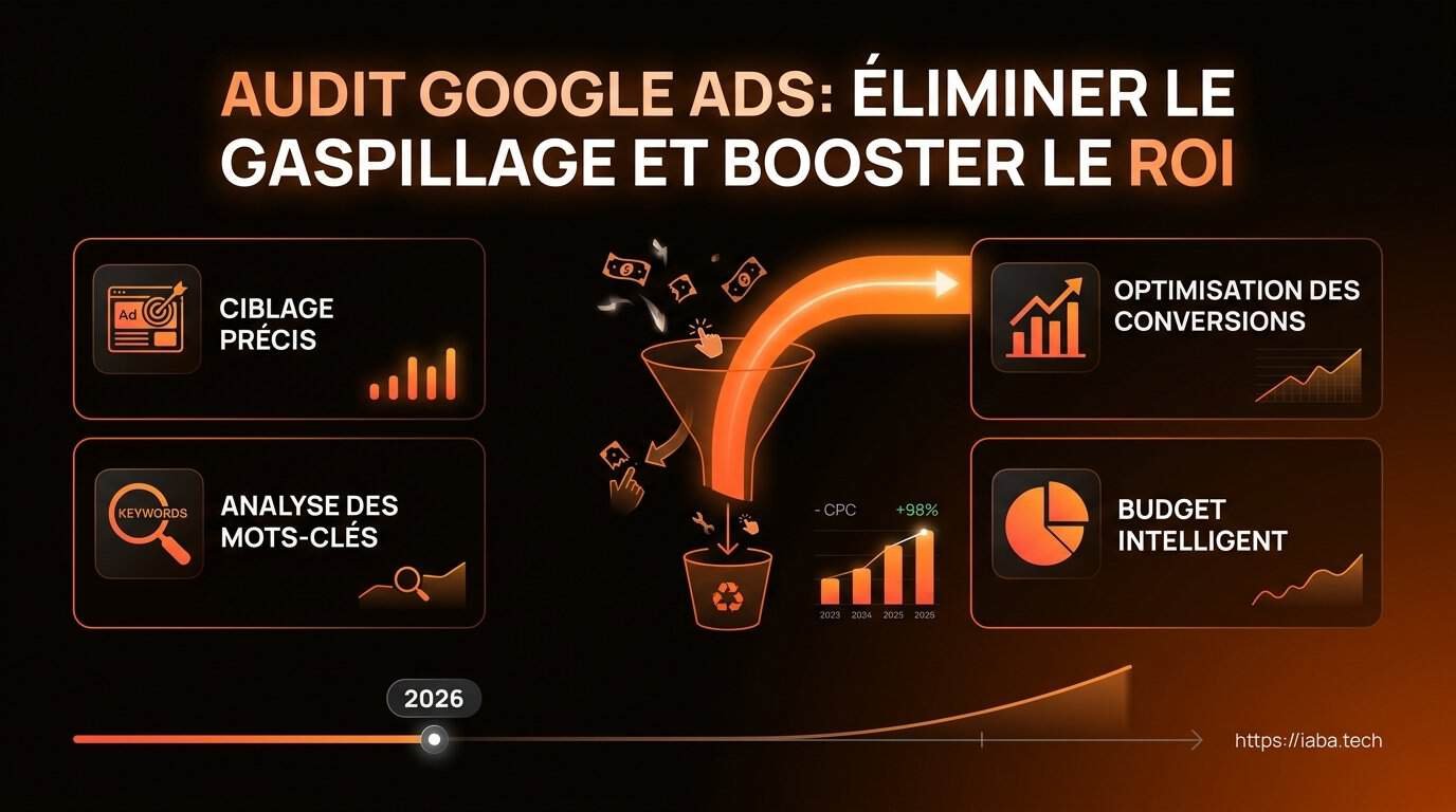 Audit Google Ads : les 12 gaspillages qui vident votre budget 2 Infographie des 12 étapes d'un audit Google Ads anti-gaspillage