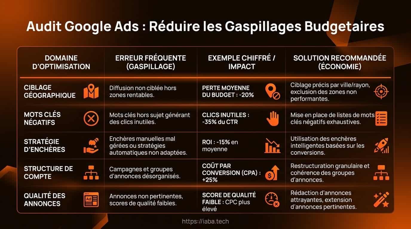 Audit Google Ads : les 12 gaspillages qui vident votre budget 4 Tableau comparatif des sources de gaspillages Google Ads 2026 par typologie et impact ROAS
