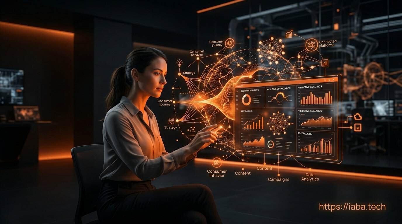 Illustration conceptuelle de marketing IA avec des données et des algorithmes