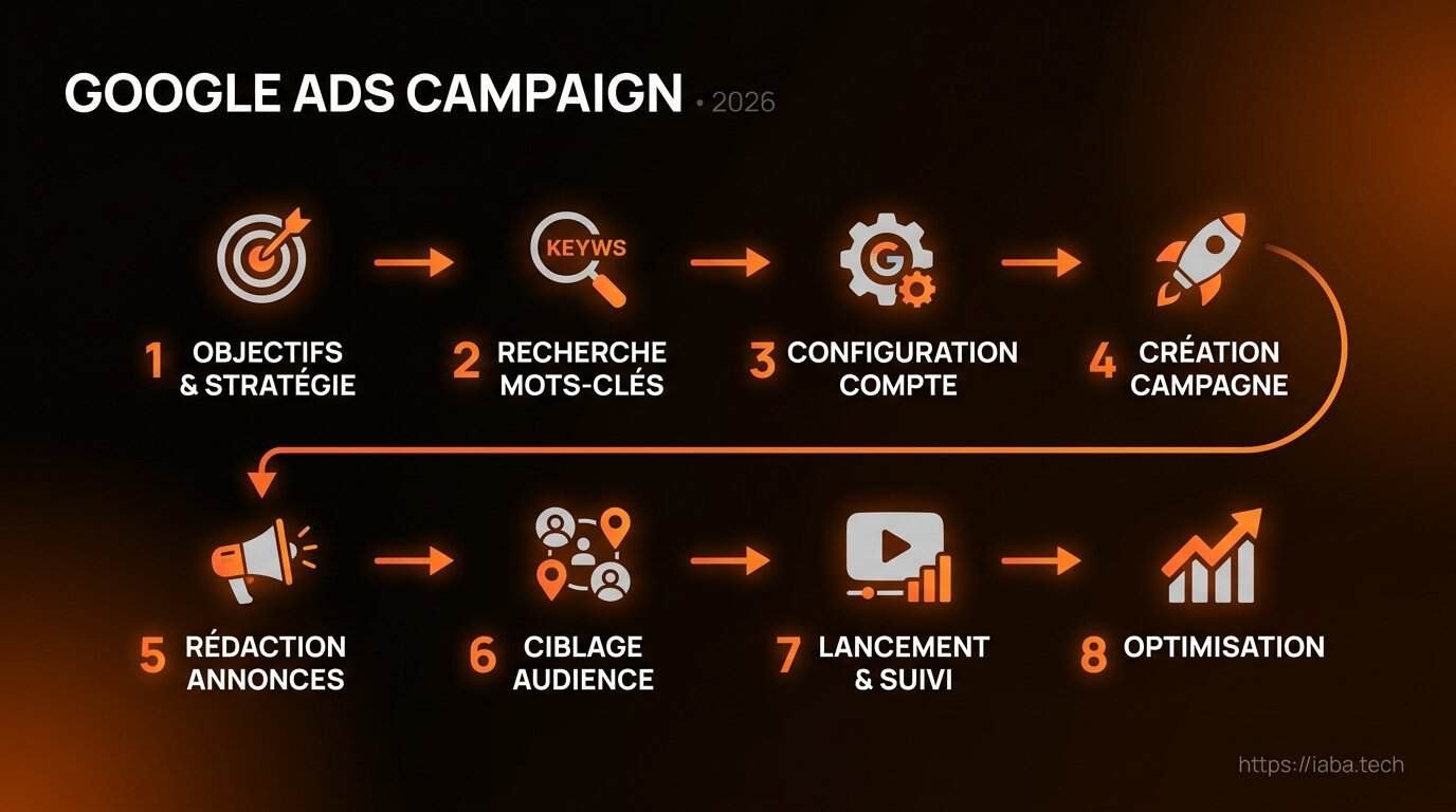 Schéma de processus campagne google ads : de l'objectif au ROAS optimisé