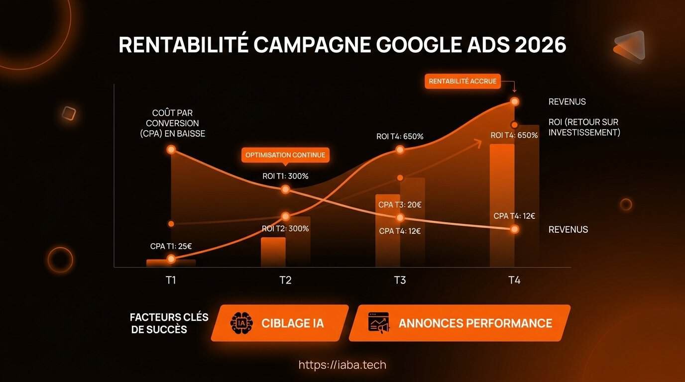Rentabilité Google Ads : Mesurer et Optimiser le ROAS 3 Comparaison du ROAS et du coût par conversion sur 12 mois pour une campagne Google Ads rentable