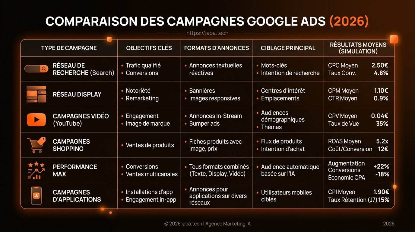 Comparatif des types de campagnes Google Ads par objectif et format
