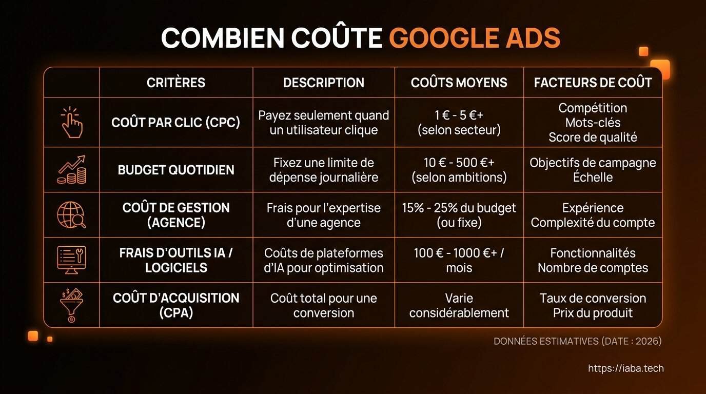 Combien coûte Google Ads : Prix, CPC et Budget Minimum 3 Tableau comparatif des coûts Google Ads 2026 par type de campagne (CPC moyen, budget quotidien, variables)