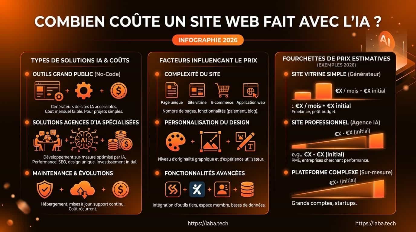Combien Coûte un Site Fait avec l'IA : Vrai Prix et Pièges 2 Infographie comparatif des coûts de création de site web par IA en 2026