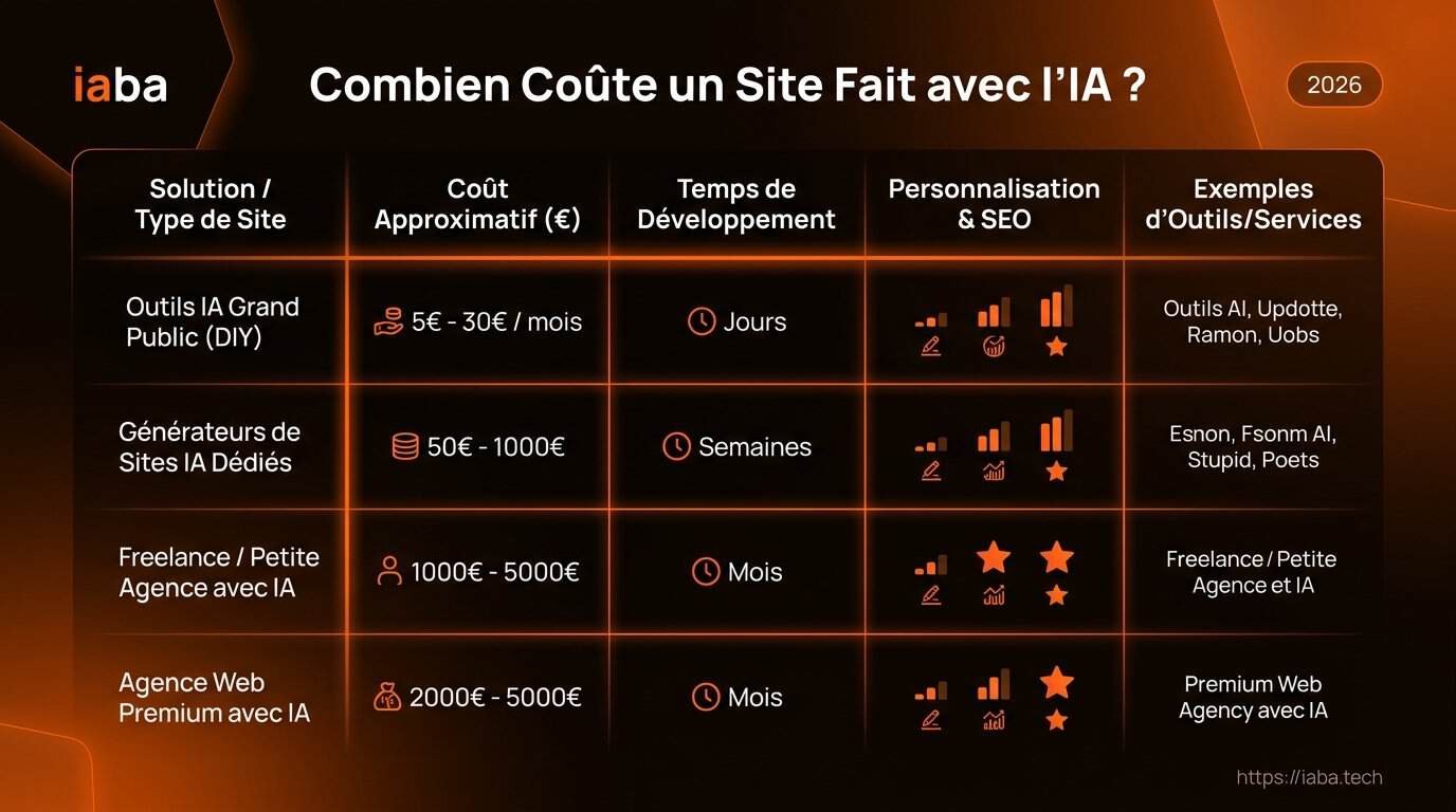 Combien Coûte un Site Fait avec l'IA : Vrai Prix et Pièges 3 Tableau comparaison coûts création sites web IA 2026 : SaaS, agences IA, sur-mesure