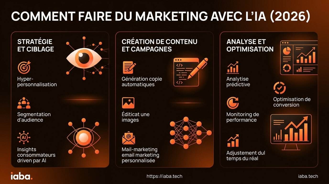 Comment faire du marketing avec l'IA : méthode interne 2 Infographie : déploiement du marketing par IA, de l'automatisation du contenu à l'optimisation du ROI