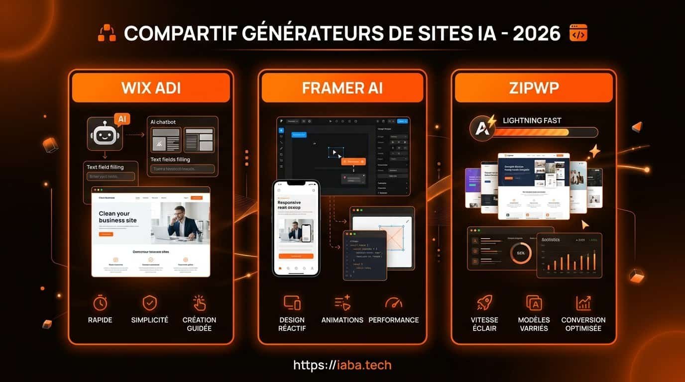 Infographie des étapes clés pour comparer les générateurs de sites IA