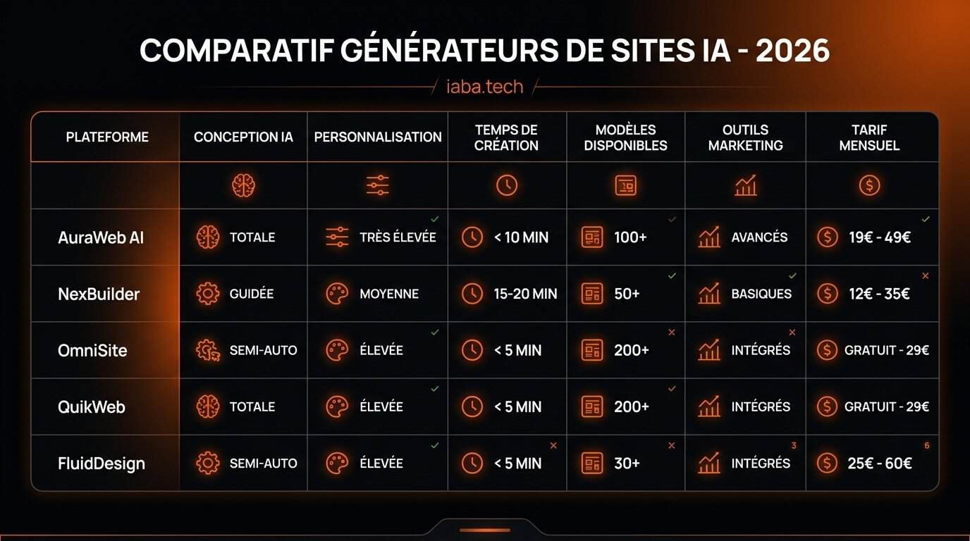 Tableau comparatif des générateurs de sites IA 2026 par outil et par coût