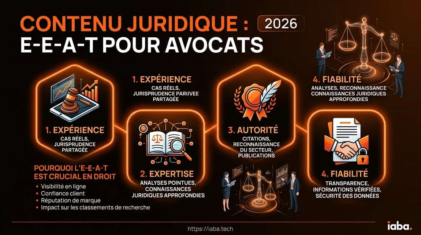 Infographie : processus en 5 étapes pour optimiser le contenu juridique d'un avocat selon les critères E-E-A-T