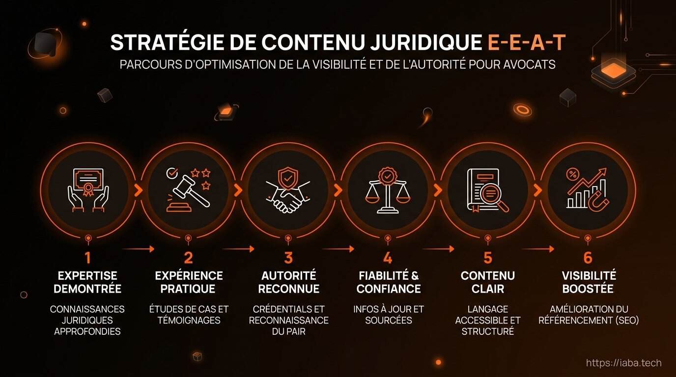 Schéma de processus : étapes de la stratégie E-E-A-T pour avocat
