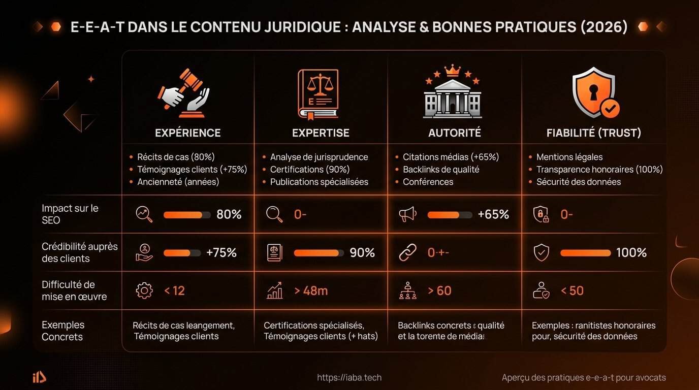 Tableau : Analyse comparative des piliers E-E-A-T pour le contenu juridique d'avocats