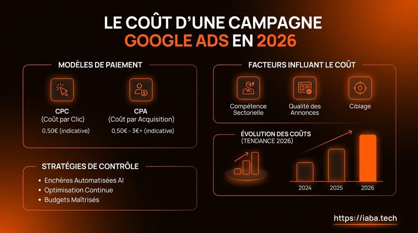 Coût campagne Google Ads : budget réel et CPC par secteur 2 Infographie : calcul du coût d'une campagne Google Ads, Quality Score et CPC réel