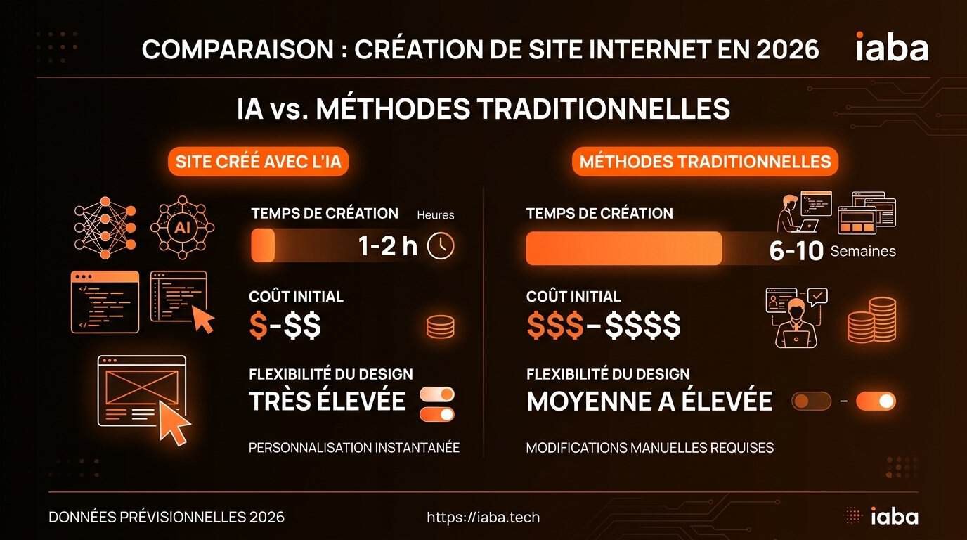 Graphique comparant temps de développement site classique et création de site internet avec l'IA