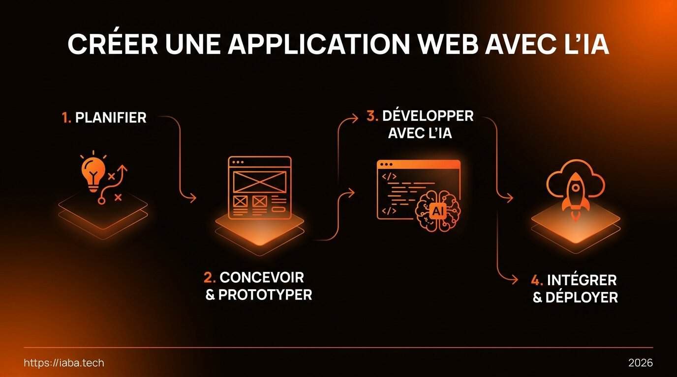 Créer une application web avec l'IA : outils et limites 2 Infographie du processus en 5 étapes pour créer une application web avec l'IA en 2026