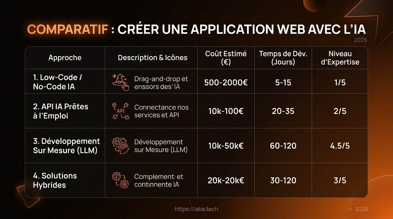 Créer une application web avec l'IA : outils et limites 3 Comparatif des outils IA de développement web classés par vitesse, complexité et intégration API